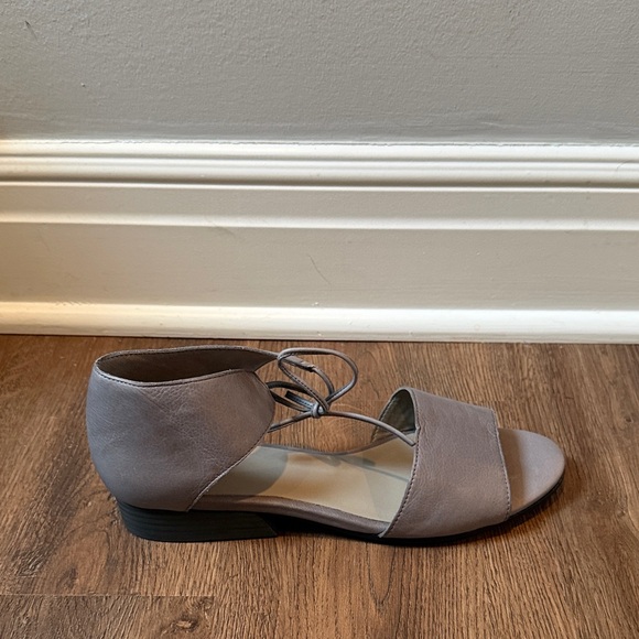 Eileen Fisher Graphite Leather Ankle-Tie Open-Toe Heels - Picture 6 of 14